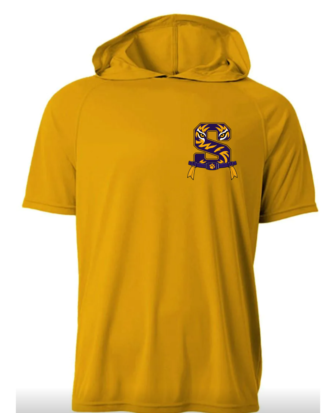 FLAG FOOTBALL GOLD DRI FIT SHORT SLEEVE HOODIE T-SHIRT