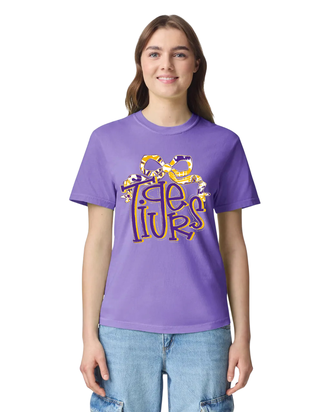 TIGERS PURPLE AND GOLD WITH BOW ON COMFORT COLOR T-SHIRT